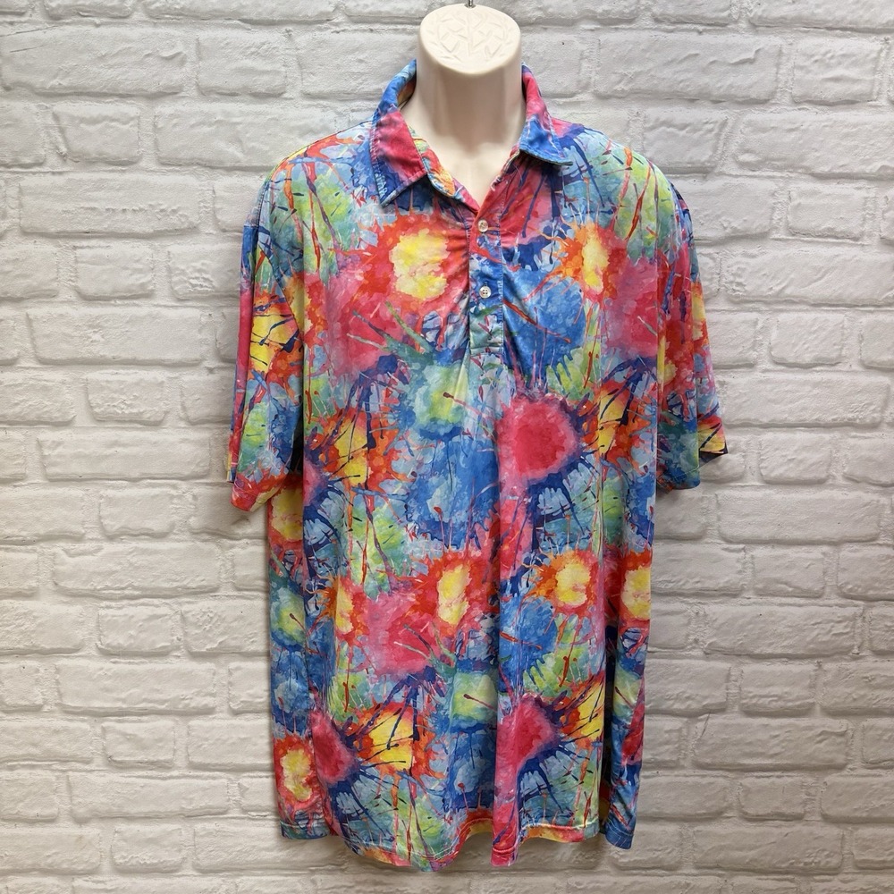 Hreski Men's L Golf Polo Shirt Abstract Paint Splatter Performance Stretch Polo